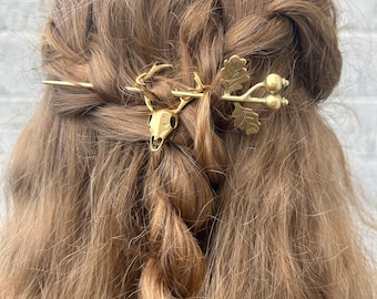 Stag Skull & Oak Leaf Brass Hair Pin | Celtic Brooch