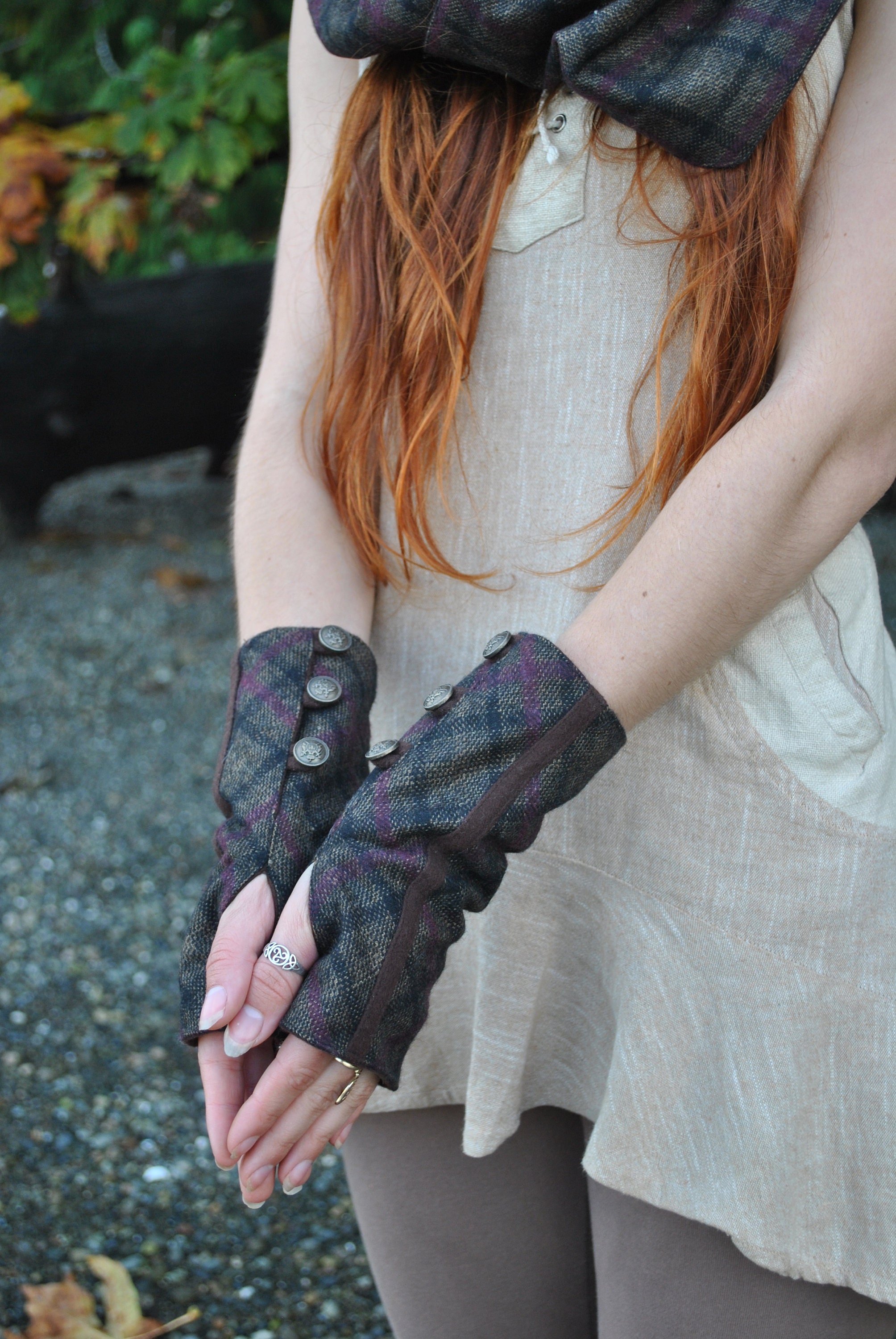 Tweed Fingerless Gloves Celtic Wool Wrist Warmers with Brass Buttons
