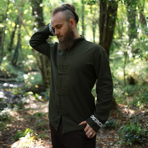 GREEN LEAF SHIRT | 100% Cotton, Celtic Shirt, Mens Collarless Shirt, Irish Outfits for Men, Celtic Clothing Mens, Alternative Wedding Shirt.