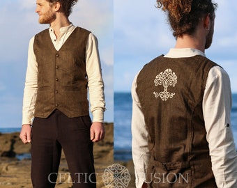 GREEN MAN WAISTCOAT | Tree of Life Vest, Grey Waistcoat, Wool Waistcoat, Wedding Waistcoat, Alternative Wedding Waistcoat, Brass Buttons