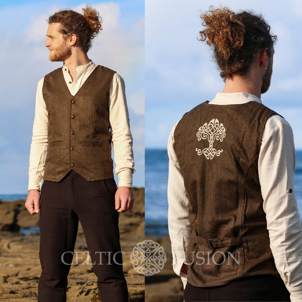 GREEN MAN WAISTCOAT | Tree of Life Vest, Grey Waistcoat, Wool Waistcoat, Wedding Waistcoat, Alternative Wedding Waistcoat, Brass Buttons