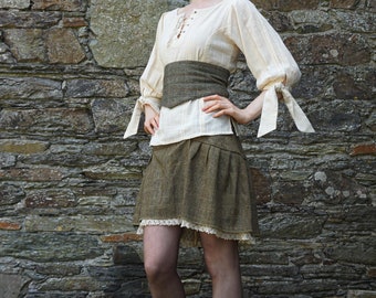 FERN GREEN SKIRT | Tweed Wool and Cotton Lace Trim, Wrap around, Tweed Wool, Adjustable Skirt, Cottage Skirt, Traditional | Celtic Fusion