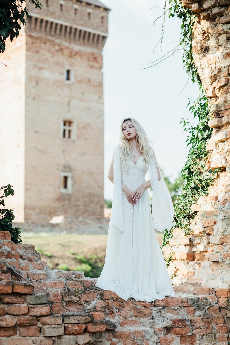 Robe de mariée BLAITHIN dentelle de coton ivoire et manches en mousseline