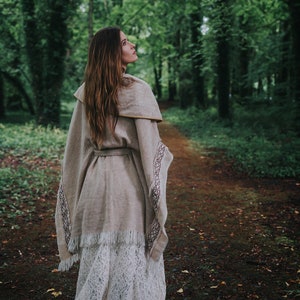 LIGHT WARRIOR CAPE Cream Wool Cape, Unisex Wool Cloak with Celtic Embroidery, Ruana Poncho, Viking Cloak, Hippie Poncho, Druid Cape Design image 6