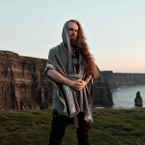 Grey Woven Wool Celtic Cape | Unisex Half Hood Poncho