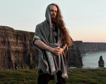 Grey Woven Wool Celtic Cape | Unisex Half Hood Poncho