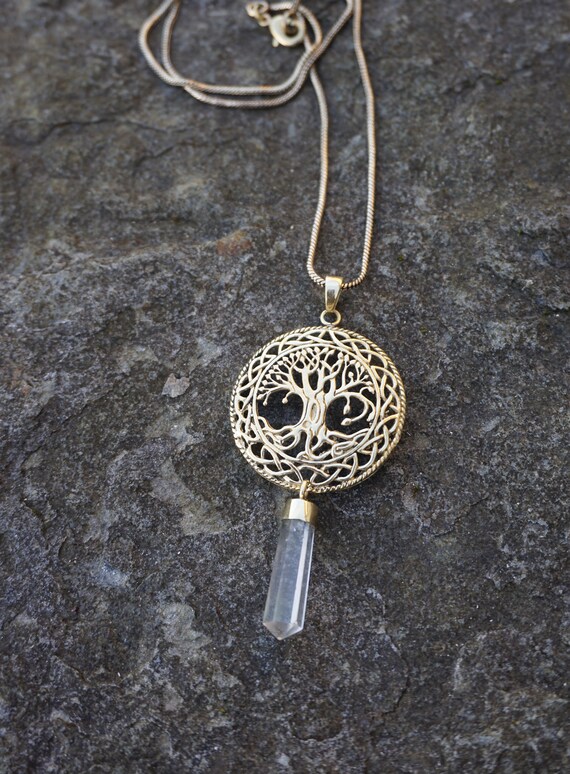 TREE of LIFE NECKLACE Quartz Crystal Brass Celtic Tree of Life