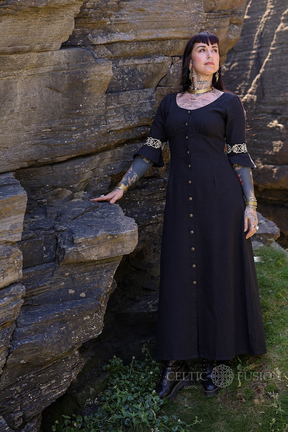 Celtic Embroidered Black Quality Cotton Button Dress - Pooka - Goth Wiccan Style Celtic Embroidered Black Quality Cotton Button Dress - Pooka - Goth Wiccan Style