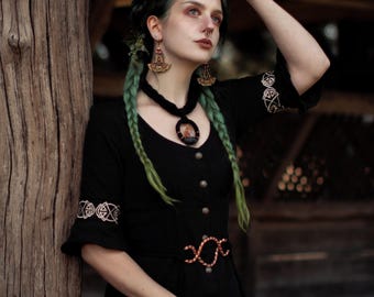 Black Gothic Button Dress, Wiccan Samhain Ritual Gown, Pagan LARP Dress