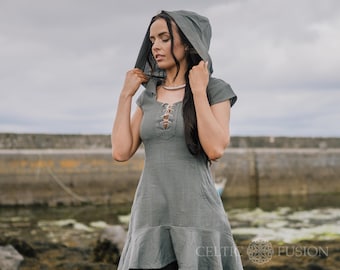 Hooded folk dress ,Celtic Dress, Pagan Dress, Eco-Chic, Boho, Natural Dress, Modern Pagan, Corset Dress, Viking Dress, Linen Dress.