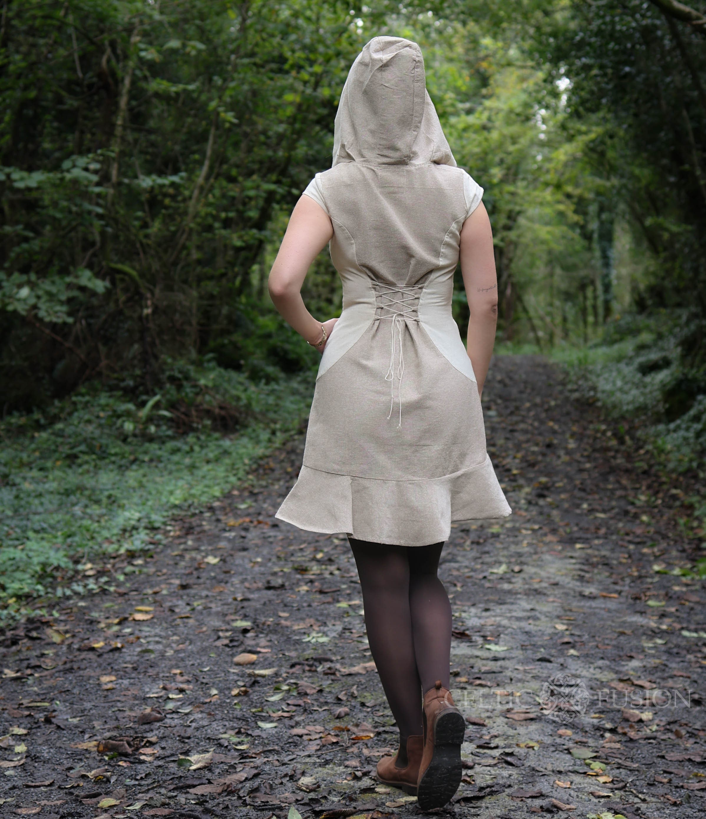Beige Hooded Dress with Pockets