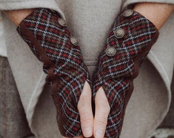 TARTAN WRIST WARMERS | Finger-less Gloves, Celtic Fusion Tweed, Rustic, Gloves, Brass Button Detail, Fairy Gloves, Mori Kei, Steampunk, Celt