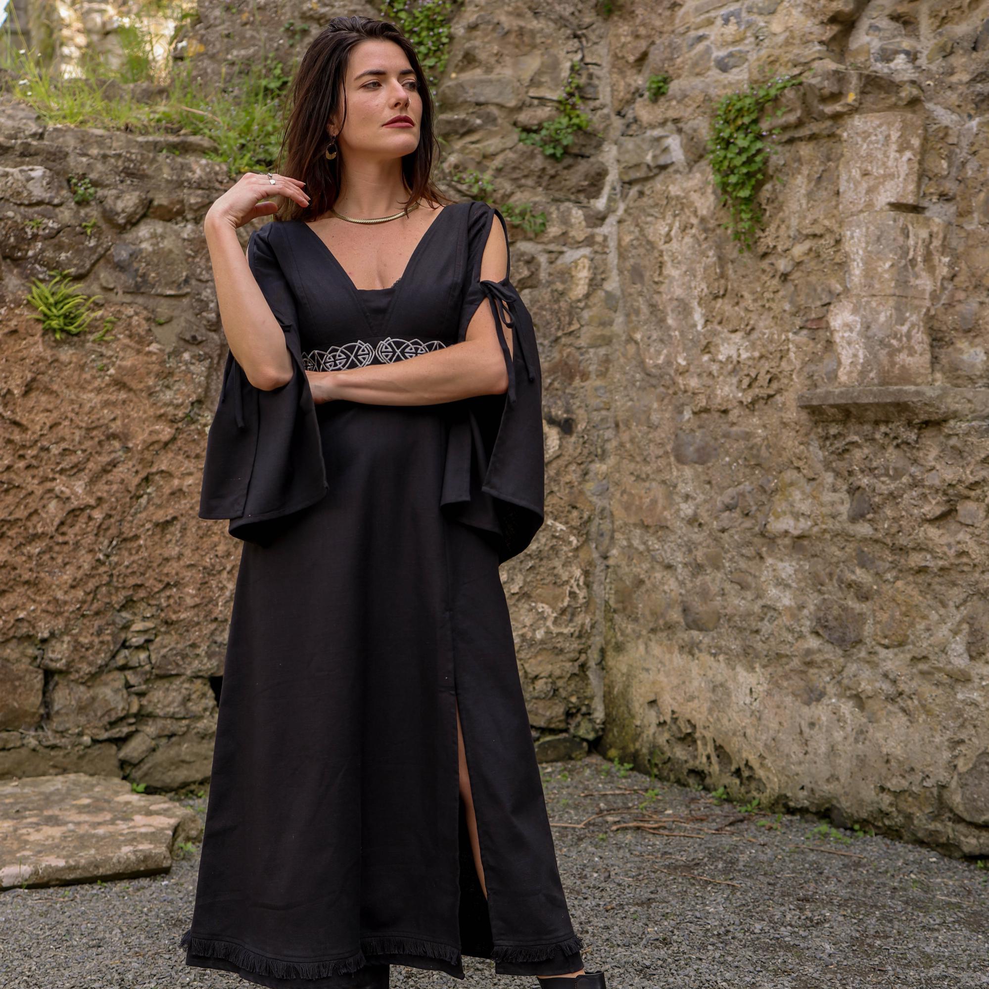 celtic formal dresses Gothic Folklore Dress With Dark Romantic Style, Bell Sleeves and Knot Embroidery backdrop_desc_tmp1