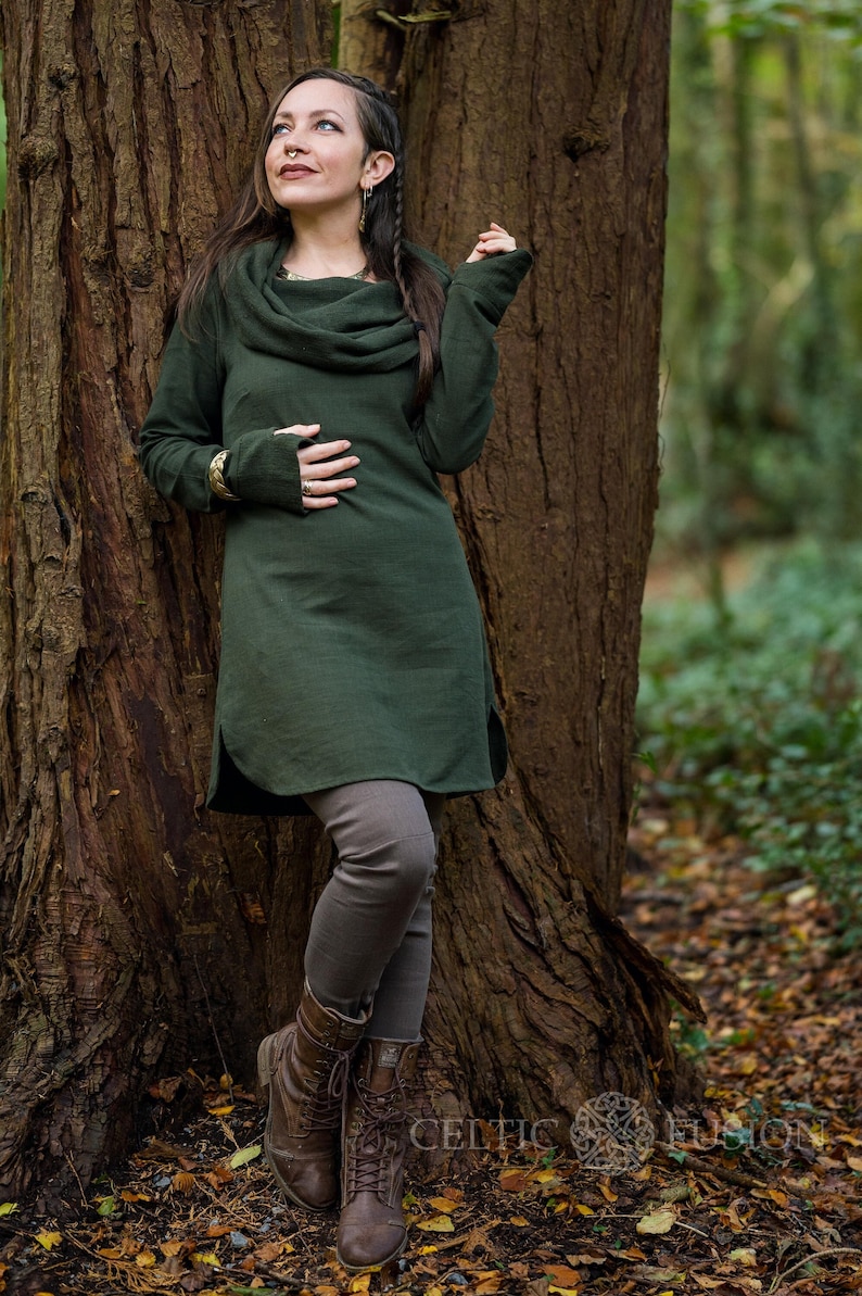 Autumn Pullover, Fall Pullover, Celtic Ladies Clothing, Pagan Women, Handwoven Clothing, Pagan Clothing, Green Cowl Neck Dress, Cowl Tunic Dress, Brown Cowl Neck Dress, Long Sleeve Cowl Neck Dress