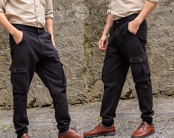 Celtic Fusion Mens Handwoven Cotton Cargo Joggers: Relaxed Fit