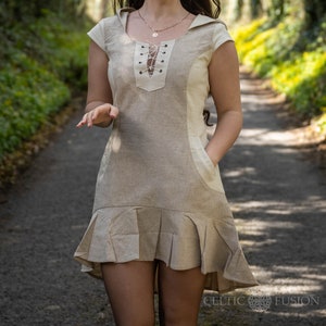 hooded dress, folk dress, cottage core, linen dress, summer dress, Irish designer dress, short linen dress