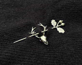 Brass Stag & Oak Brooch Pin | Celtic Kilt, Hat, Scarf Pin