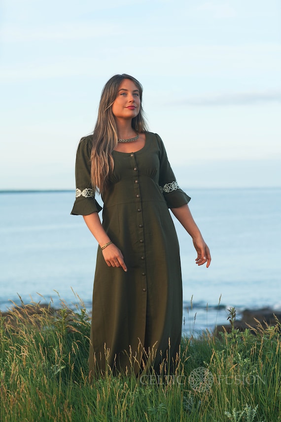 Clodagh Celtic Green Dress - Button up Dress Medium - 12 UK / Green