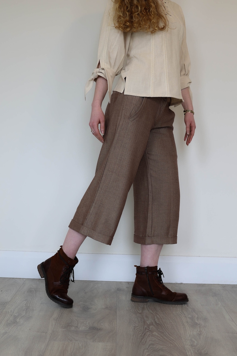 Capris, womans capris, womans short trousers, designer trousers, herringbone capris, cottage core trousers, folk trousers, cottage core fashion