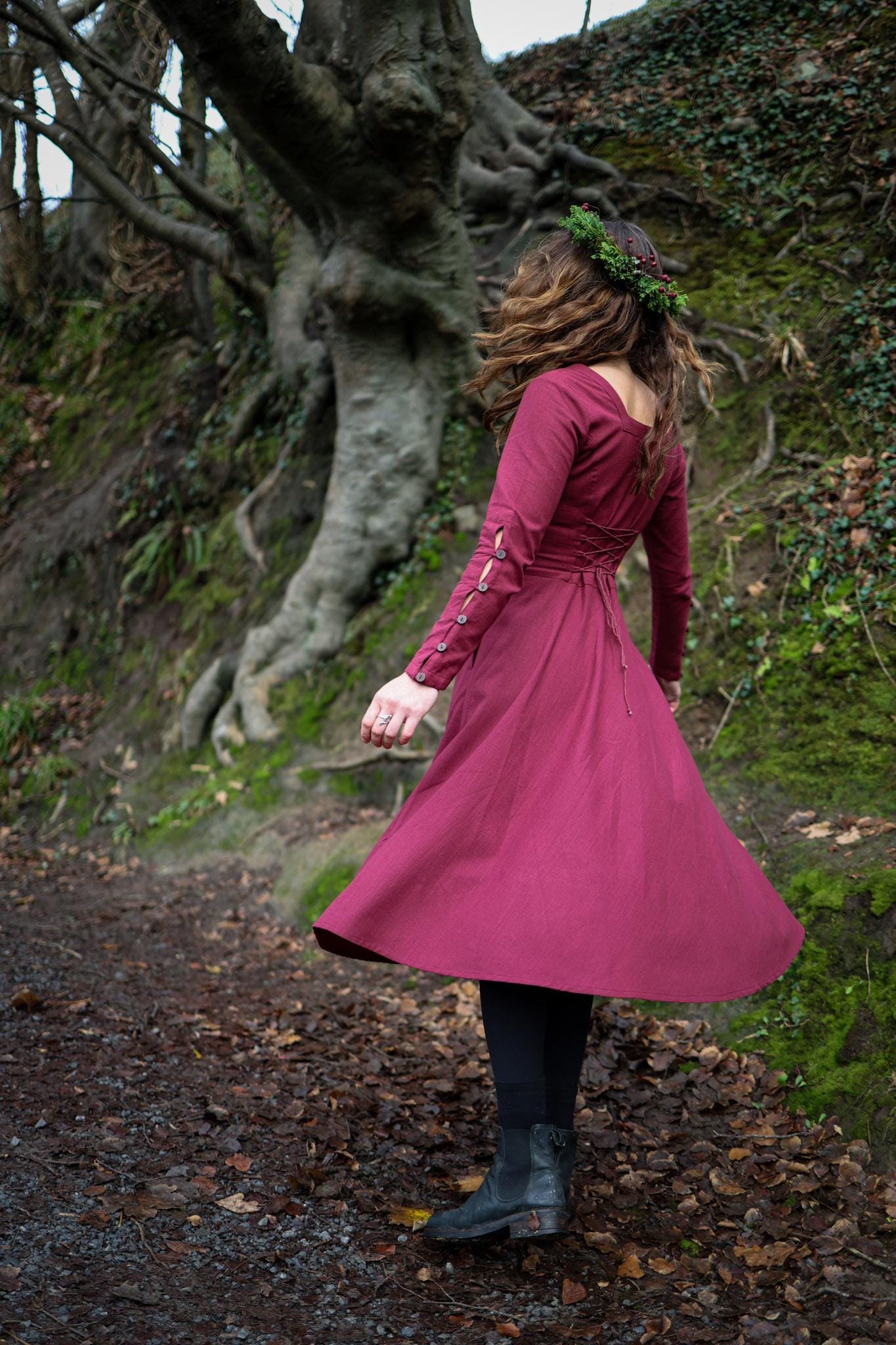 red celtic dress Imbas Burgundy Dress - Folklore-Inspired Autumn Dress XS