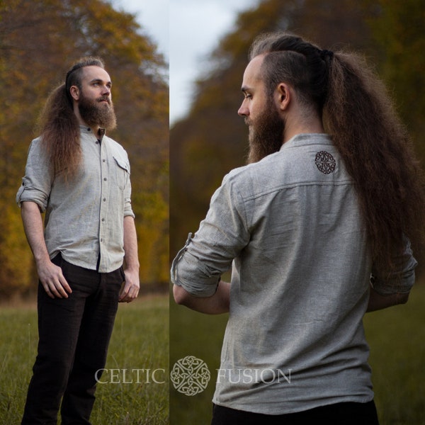 CELTIC SHIELD SHIRT | 100% Cotton, Collarless Shirt, Buttoned Shirt, Celtic Shirt, Irish Celtic Clothing Alternative Wedding Shirt.