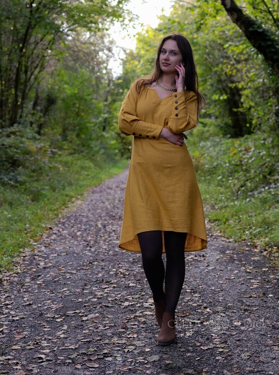 MUSTARD TUNIC DRESS Sleeved Mustard Dress, Dailywear Dress, Renaissance  Dress, Cottagecore Dress, Midi Dress, Mustard Dress, Folk Dress. 