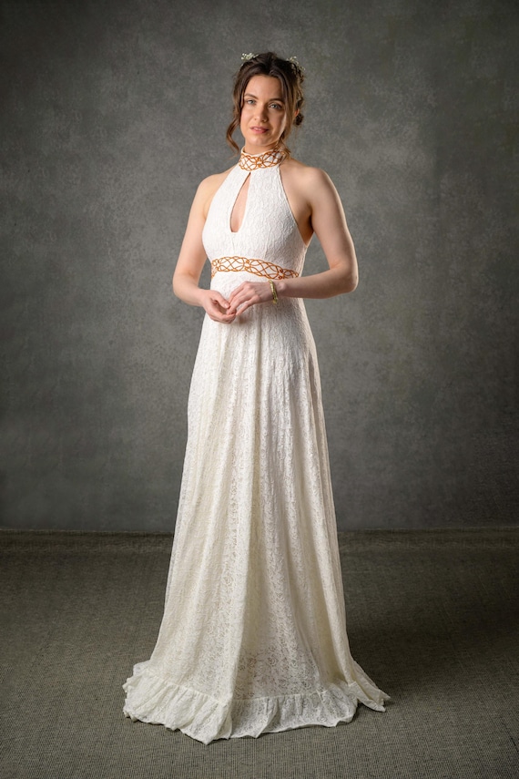 ball gown wedding dress designers Satin Medieval Wedding Dress: Elven Celtic Gown With Chiffon Sleeves