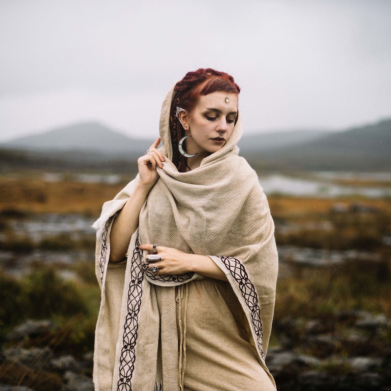 LIGHT WARRIOR CAPE Cream Wool Cape, Unisex Wool Cloak with Celtic Embroidery, Ruana Poncho, Viking Cloak, Hippie Poncho, Druid Cape Design image 1