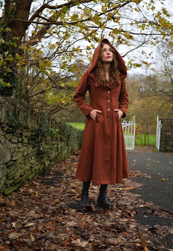 Rusty Red Wool Maxi Coat with Gothic Hood: Elegant Winter Dress Coat