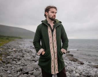 Celtic Knotwork Hooded Jacket | Green Cotton Viking Coat
