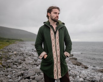 VESTE À CAPUCHE SIDHE | Manteau à capuche vert et marron, broderie celtique, veste viking, unisexe, vêtements vikings, veste végétalienne | Fusion celtique