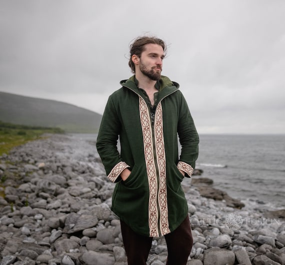 SIDHE HOODED JACKET Green & Brown Hooded Coat, Celtic Embroidery