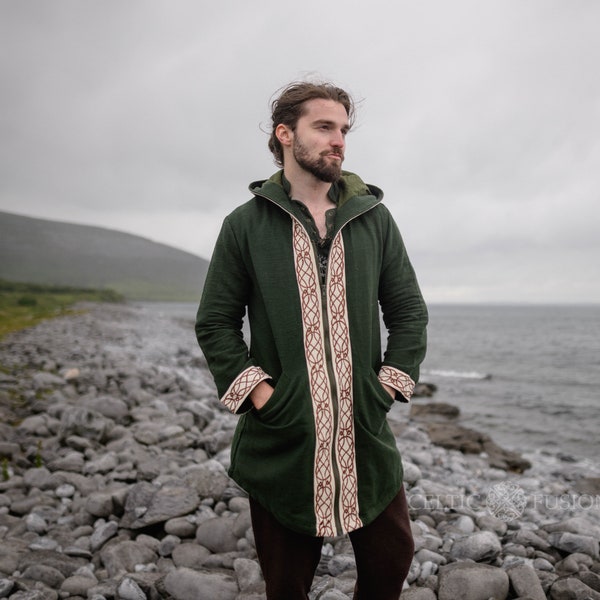 SIDHE HOODED JACKET | Green & Brown Hooded Coat, Celtic Embroidery, Viking jacket, Unisex, Viking Clothing, Vegan Jacket | Celtic Fusion