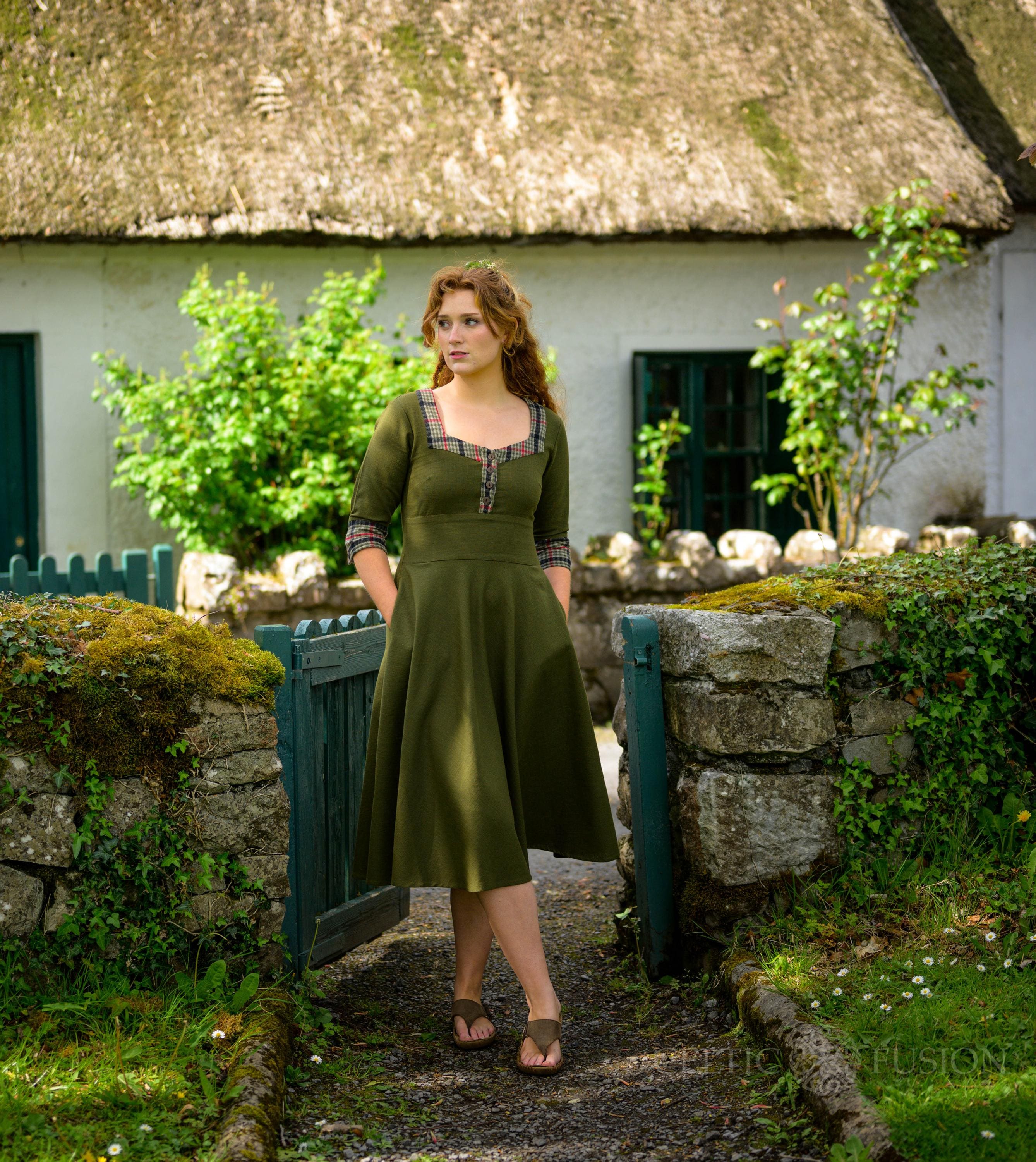 Cottagecore Corset Midi Dress: Green Quality Cotton Irish Design