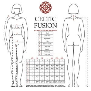May include: A diagram from Celtic Fusion with garment measurements for bust, under bust, high waist, hips, sleeve length, shoulder, length, outer leg, and inner leg. Sizes range from XS to 3XL. The image includes a logo and instructions.