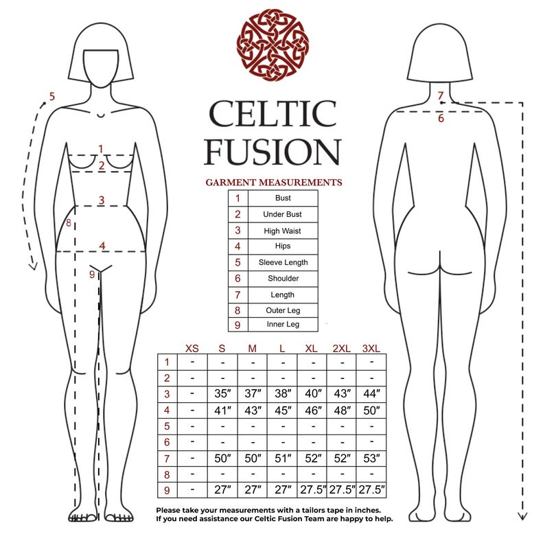 May include: A diagram from Celtic Fusion with garment measurements for bust, under bust, high waist, hips, sleeve length, shoulder, length, outer leg, and inner leg. Sizes range from XS to 3XL. The image includes a logo and instructions.