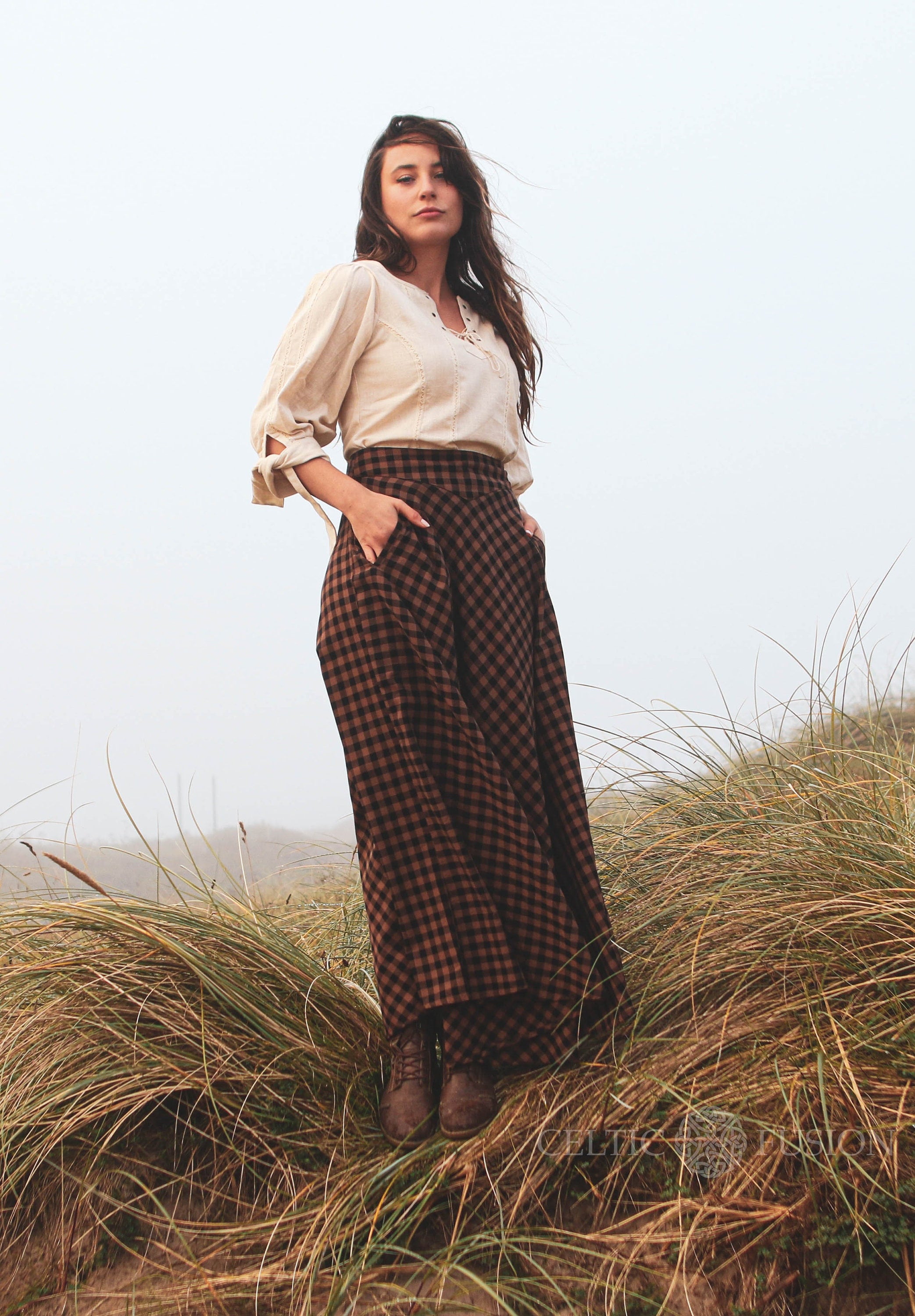 CHECK LONG SKIRT Brown Plaid Skirt With Pockets, Cottage Core