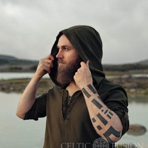 HOODED MALE SHIRT | Juniper Green, Bog Oak Brown, Pagan, Ozora, Vegvisir, Viking Man, Ragnar, Re-enactment, Earthy, Celtic.