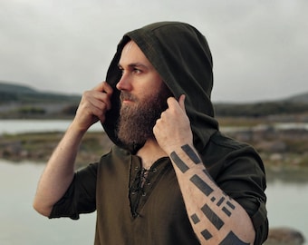 HOODED MALE SHIRT | Juniper Green, Bog Oak Brown, Pagan, Ozora, Vegvisir, Viking Man, Ragnar, Re-enactment, Earthy, Celtic.