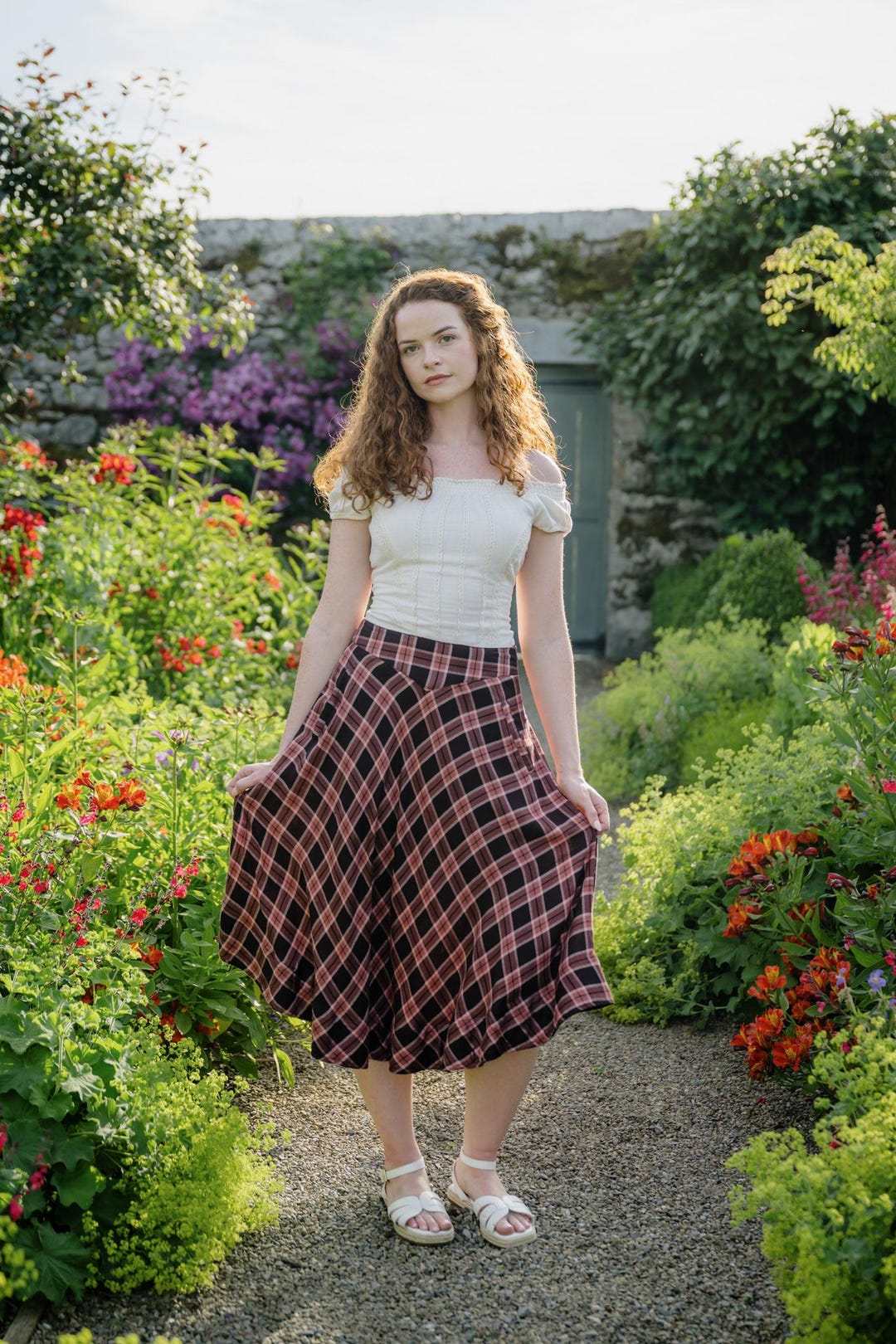 Vintage Plaid Midi Skirt: High Waist Cotton Check Skirt With