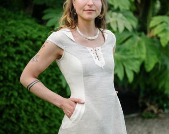 Beige Hooded Dress with Pockets | Natural Cotton Folk Dress with Corset and Hood