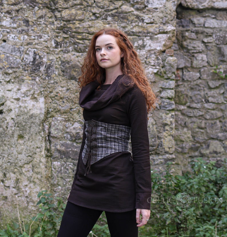 Autumn Pullover, Fall Pullover, Celtic Ladies Clothing, Pagan Women, Handwoven Clothing, Pagan Clothing, Green Cowl Neck Dress, Cowl Tunic Dress, Brown Cowl Neck Dress, Long Sleeve Cowl Neck Dress
