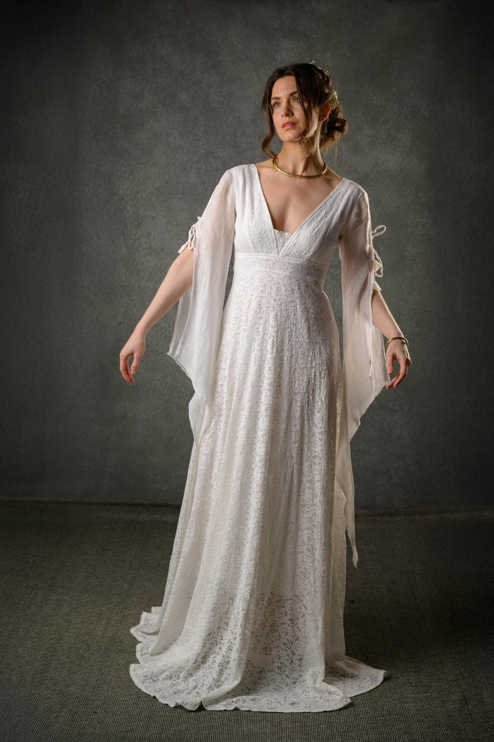 Ava Wedding Dress | Romantic Lace Gown With Linen Net Sleeves and Tie  Detail - Etsy