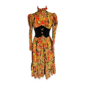 Vintage 1960s TRACY PETITES Paisley Corseted Long-Sleeve Dress | 60s Fashion | Size: 7
