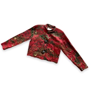 Vintage 1980s PAINTED PONY 100% Cotton Red Tapestry Blazer Jacket with Asian Inspired Swan Bird & Foliage Pattern | Made in USA | Size xs