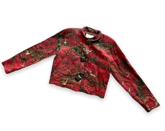 Vintage 1980s PAINTED PONY 100% Cotton Red Tapestry Blazer Jacket with Asian Inspired Swan Bird & Foliage Pattern | Made in USA | Size xs