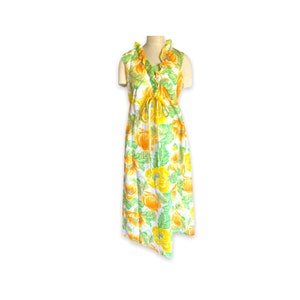 Vintage 1960s Yellow & Orange Floral Print Sleeveless Long Maxi Dress | Made in Hawaii RN 37359 | Size: 14