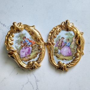 Vintage Limoges France Porcelain Wall Plaques – Rococo Gold Frame with Romantic Scene – Set of 2 – Porcelaine d’Art – 1960s-1970s