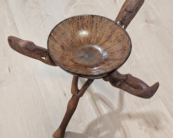 Vintage African Hand-Carved Wooden Unity Stand, Folding 3-Legged Interlocking Tripod Bowl Holder, Tribal Figure Carving, Rustic Wabi-Sabi