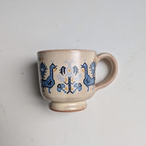 Può includere: Una tazza in ceramica beige con base a piedistallo e manico laterale. L'esterno presenta un motivo pixelato ripetitivo nei toni del blu, azzurro e giallo, raffigurante due uccelli stilizzati di fronte a un motivo floreale centrale. Il testo "ES" è visibile.